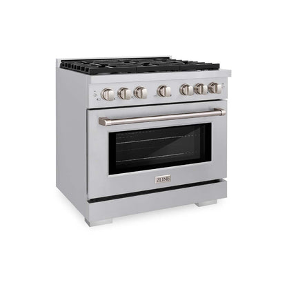 ZLINE 36 in. Kitchen Package with Stainless Steel Gas Range, Range Hood, Microwave Drawer, Tall Tub Dishwasher and Wine Cooler (5KP-SGRRH36-MWDWV-RWV)