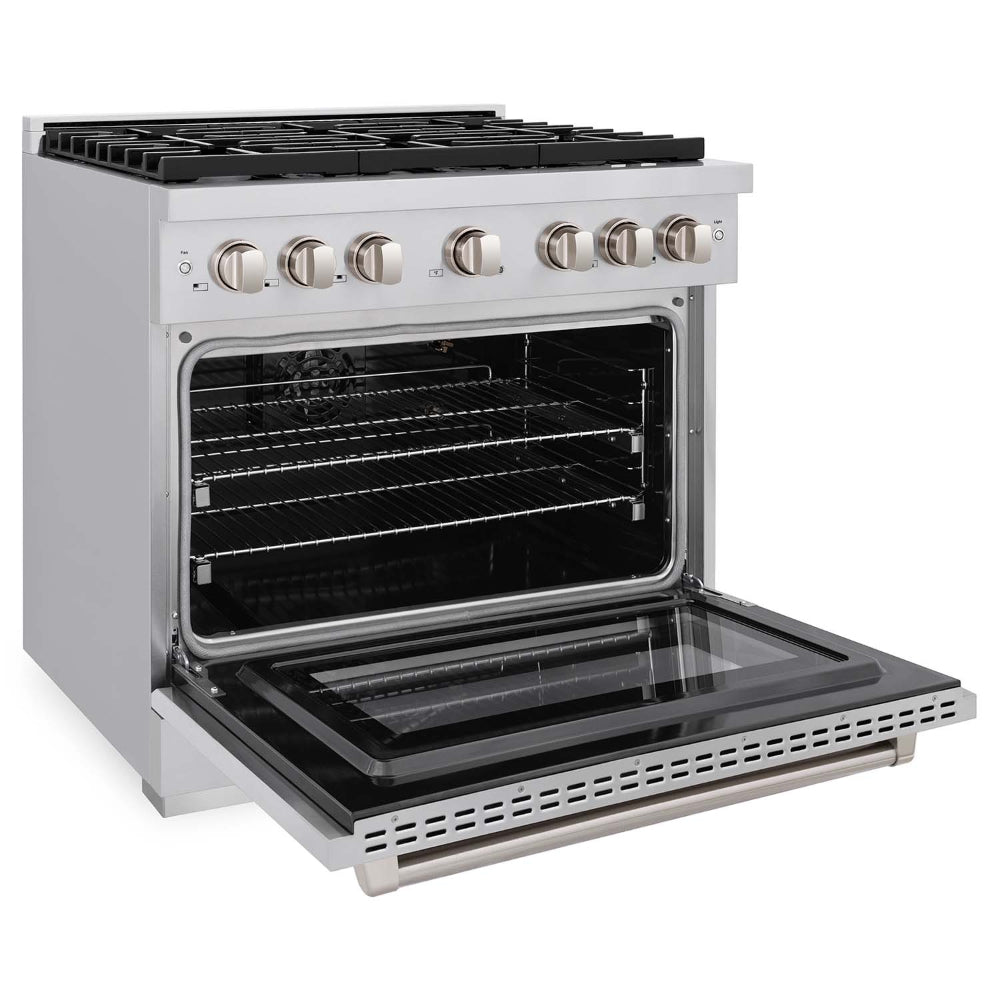 ZLINE Kitchen Package with Refrigerator, 36 in. Stainless Steel Gas Range, 36 in. Range Hood, Microwave Drawer, 24 in. Tall Tub Dishwasher and Wine Cooler (6KPR-SGRRH36-MWDWV-RWV)