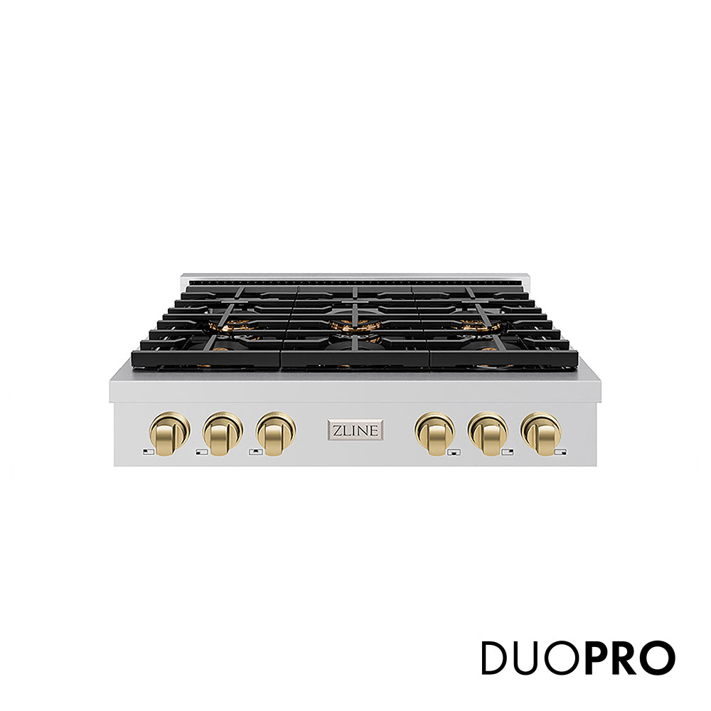 ZLINE Autograph Edition 36 in. Paramount Gas Rangetop with 6 Burner DuoPro™ Cooktop in Stainless Steel and Champagne Bronze Accents (PSRTZ-36-CB)