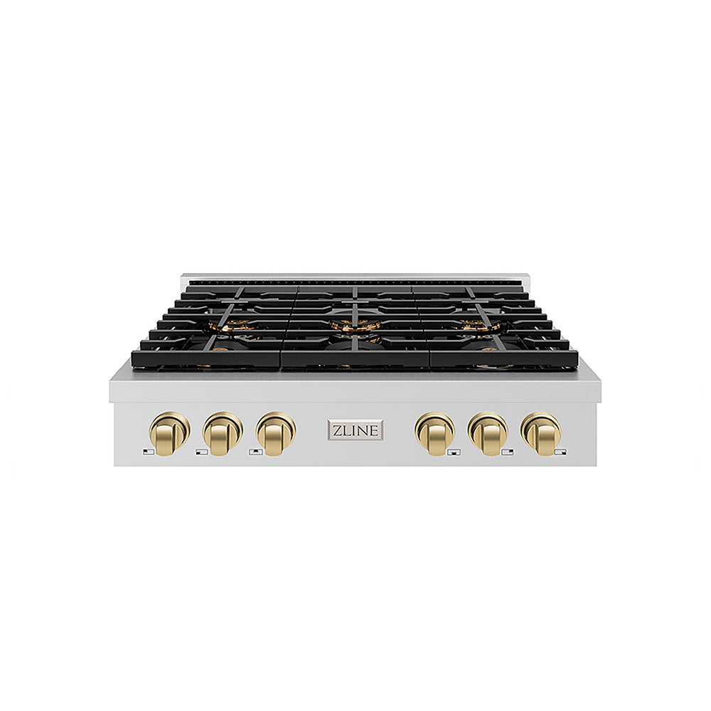 ZLINE Autograph Edition 36 in. Paramount Gas Rangetop with 6 Burner DuoPro™ Cooktop in Stainless Steel and Champagne Bronze Accents (PSRTZ-36-CB)