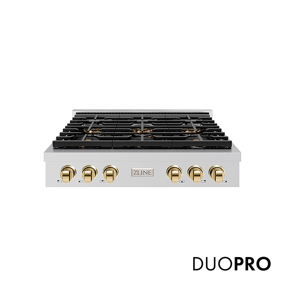 ZLINE Autograph Edition 36 in. Paramount Gas Rangetop with 6 Burner DuoPro™ Cooktop in Stainless Steel and Polished Gold Accents (PSRTZ-36-G)