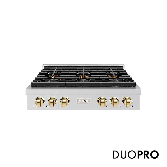 ZLINE Autograph Edition 36 in. Paramount Gas Rangetop with 6 Burner DuoPro™ Cooktop in Stainless Steel and Polished Gold Accents (PSRTZ-36-G)