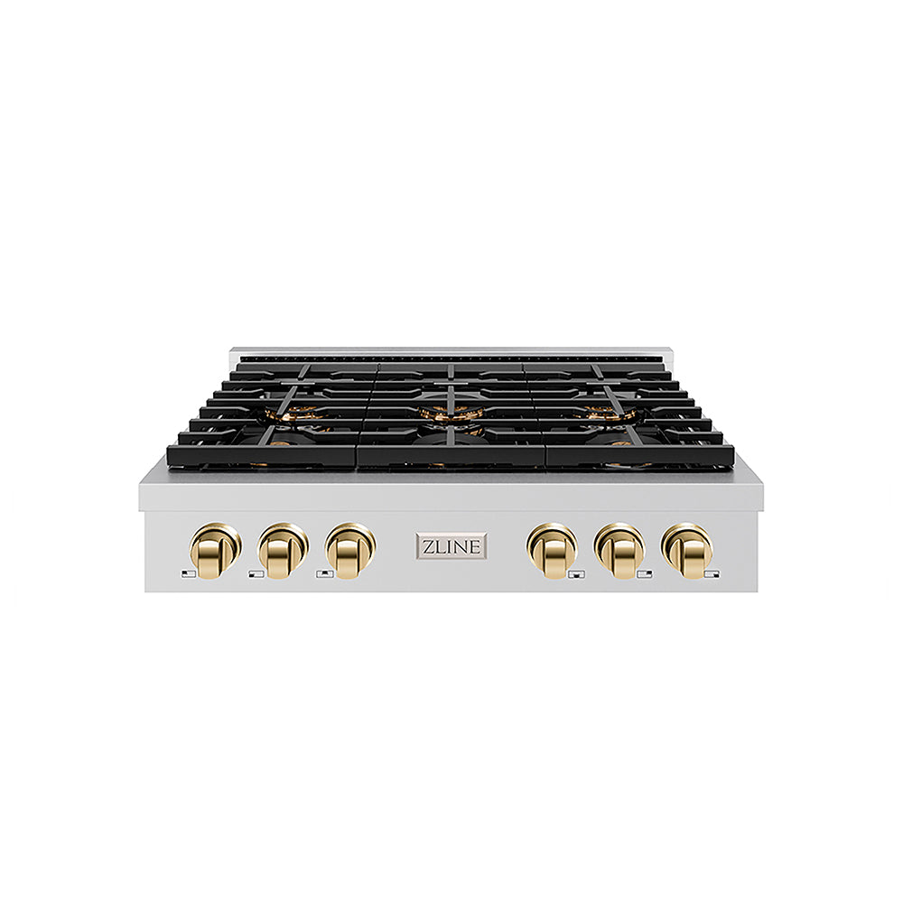ZLINE Autograph Edition 36 in. Paramount Gas Rangetop with 6 Burner DuoPro™ Cooktop in Stainless Steel and Polished Gold Accents (PSRTZ-36-G)