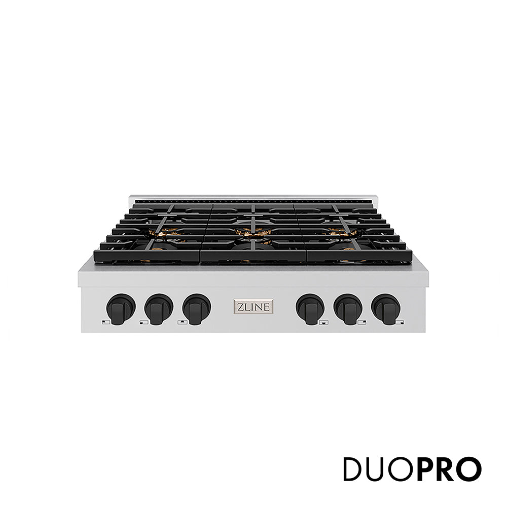 ZLINE Autograph Edition 36 in. Paramount Gas Rangetop with 6 Burner DuoPro™ Cooktop in Stainless Steel and Matte Black Accents (PSRTZ-36-MB)