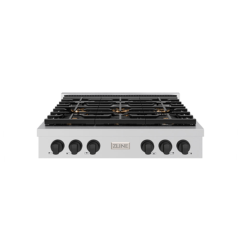 ZLINE Autograph Edition 36 in. Paramount Gas Rangetop with 6 Burner DuoPro™ Cooktop in Stainless Steel and Matte Black Accents (PSRTZ-36-MB)