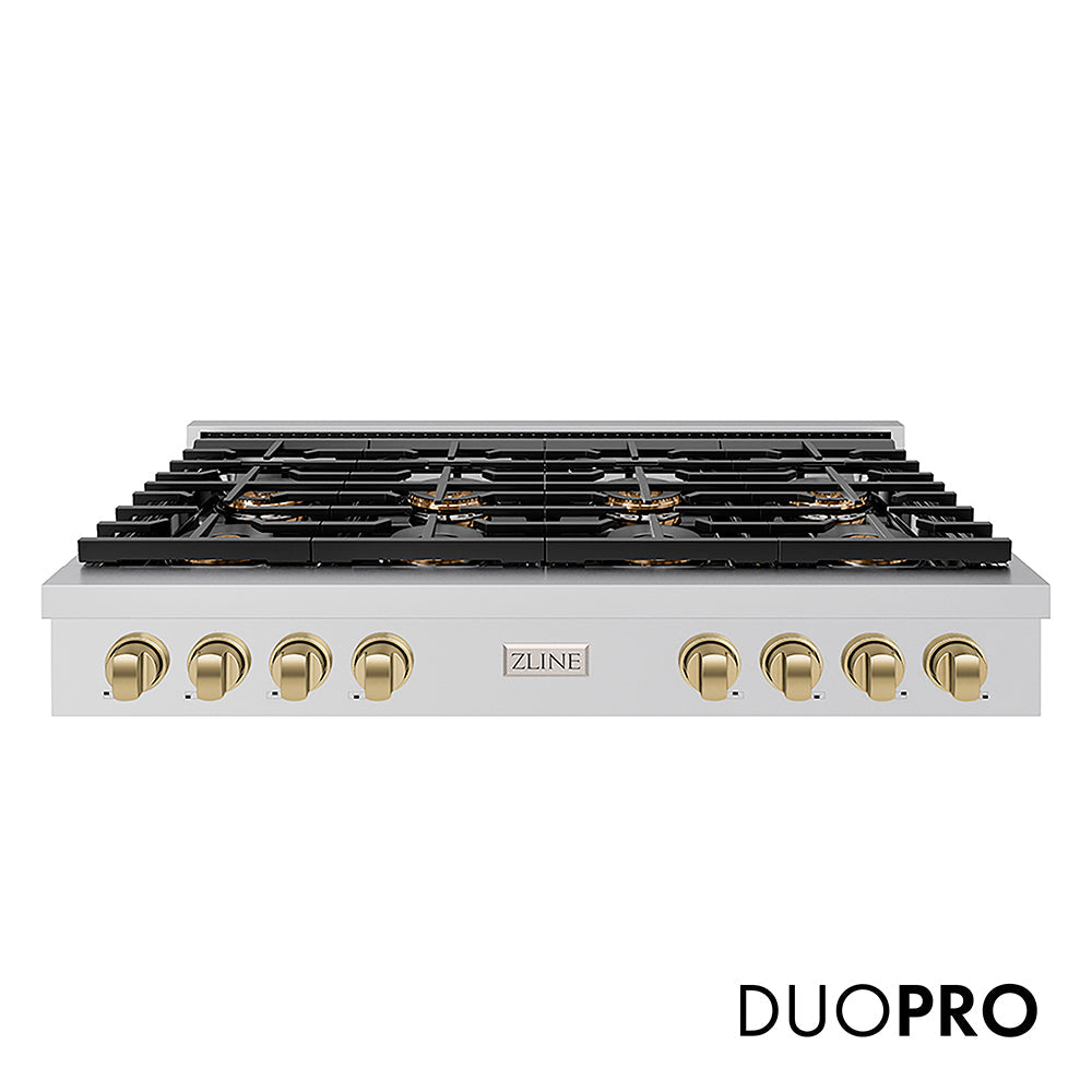 ZLINE Autograph Edition 48 in. Paramount Gas Rangetop with 8 Burner DuoPro™ Cooktop in Stainless Steel and Champagne Bronze Accents (PSRTZ-48-CB)