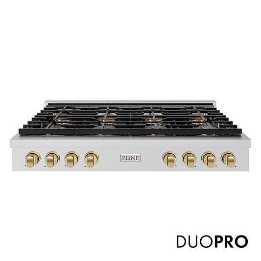ZLINE Autograph Edition 48 in. Paramount Gas Rangetop with 8 Burner DuoPro™ Cooktop in Stainless Steel and Champagne Bronze Accents (PSRTZ-48-CB)