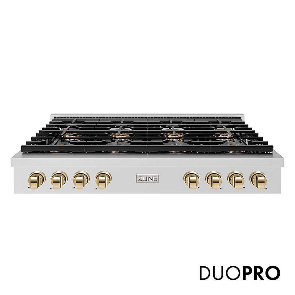 ZLINE Autograph Edition 48 in. Paramount Gas Rangetop with 8 Burner DuoPro™ Cooktop in Stainless Steel and Polished Gold Accents (PSRTZ-48-G)