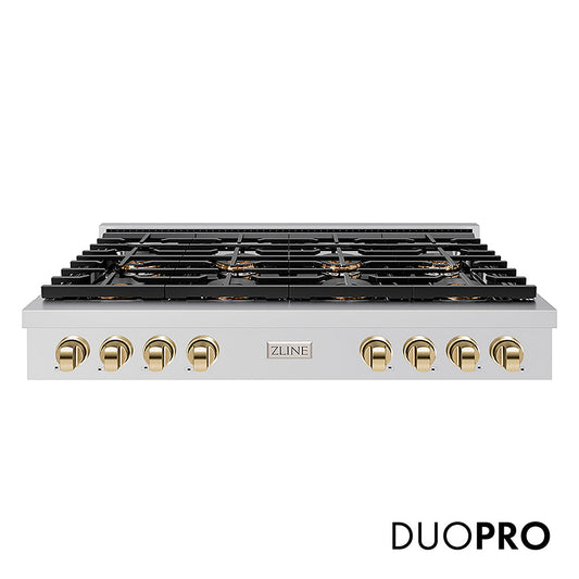ZLINE Autograph Edition 48 in. Paramount Gas Rangetop with 8 Burner DuoPro™ Cooktop in Stainless Steel and Polished Gold Accents (PSRTZ-48-G)
