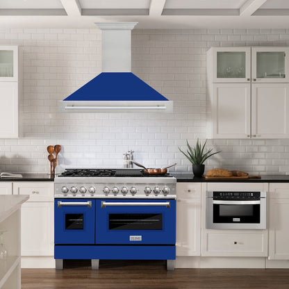 ZLINE 48 in. Satin Stainless Steel Wall Mount Range Hood with Blue Gloss Shell and Stainless Steel Handle (8654SNX-BG48)