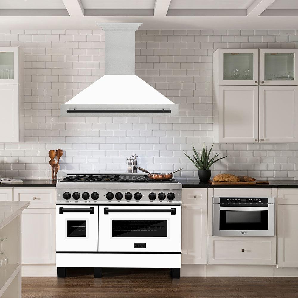 ZLINE Autograph Edition 48 in. Satin Stainless Steel Wall Mount Range Hood with White Matte Shell and Matte Black Handle (8654SNZ-WM48-MB)