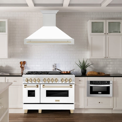 ZLINE Autograph Edition 48 in. Stainless Steel Range Hood with White Matte Shell and Polished Gold Handle (8654STZ-WM48-G)