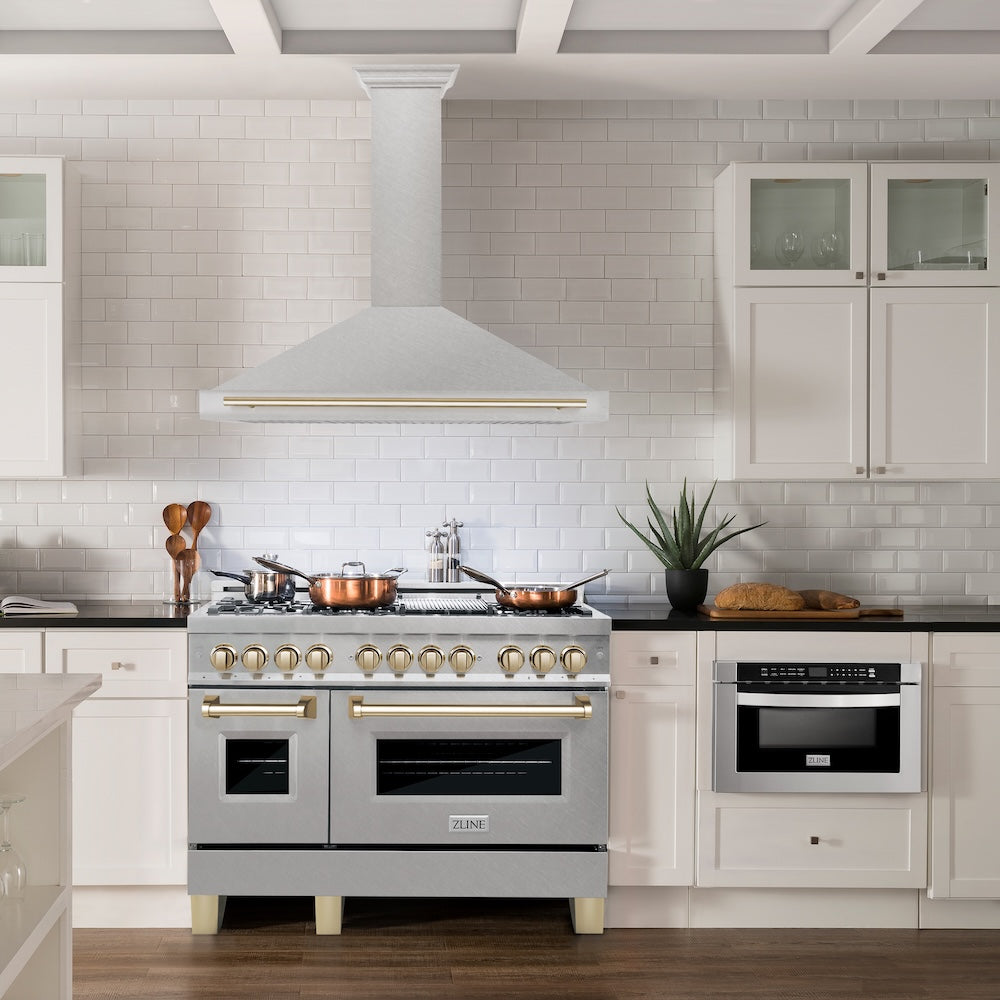 ZLINE Autograph Edition 48 in. Convertible Satin Stainless Steel Wall Mount Range Hood with Polished Gold Handle (KB4SNZ-48-G)
