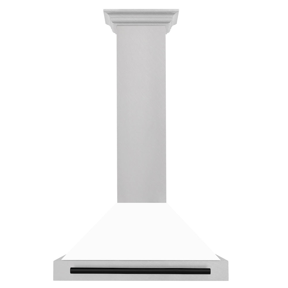 ZLINE Autograph Edition 30 in. Convertible Satin Stainless Steel Wall Mount Range Hood with White Matte Shell and Matte Black Handle (KB4SNZ-WM30-MB)