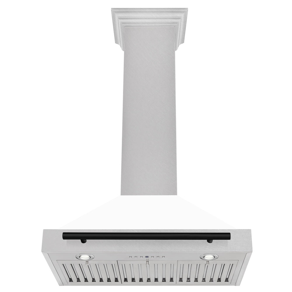 ZLINE Autograph Edition 30 in. Convertible Satin Stainless Steel Wall Mount Range Hood with White Matte Shell and Matte Black Handle (KB4SNZ-WM30-MB)