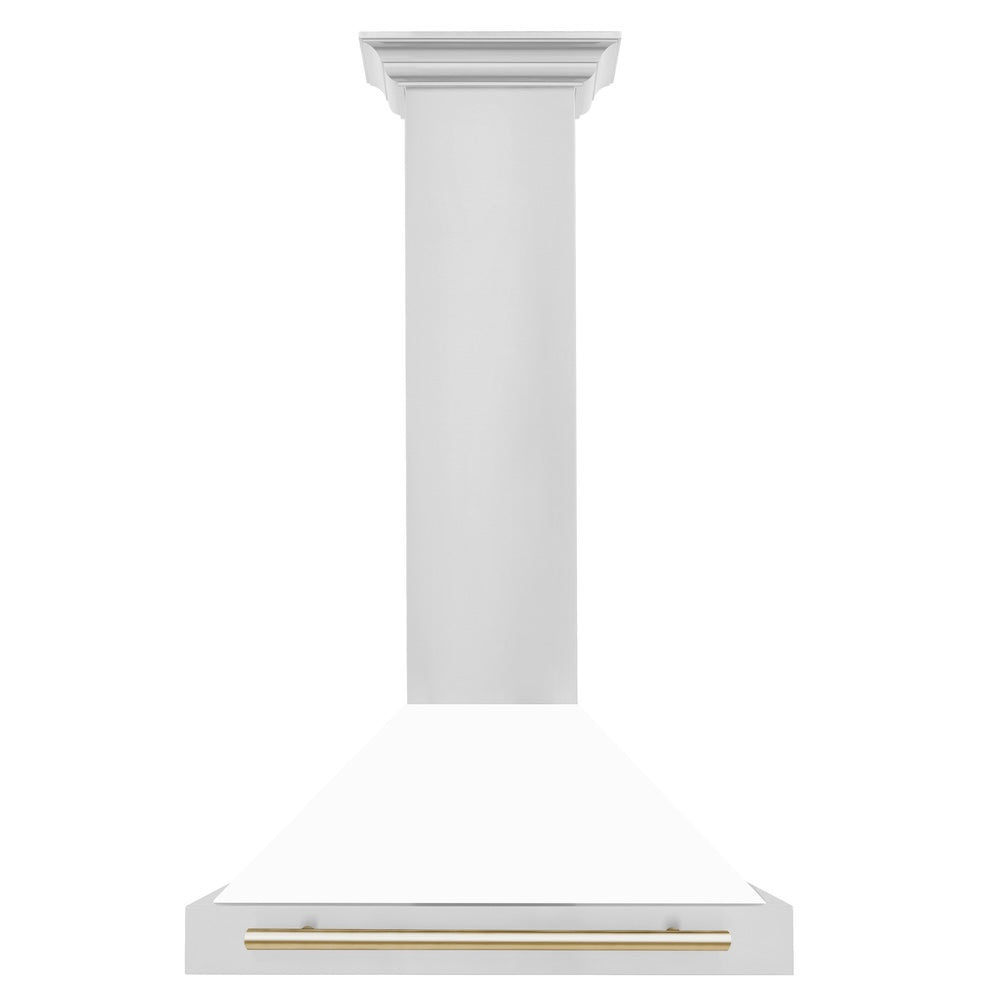 ZLINE Autograph Edition 30 in. Convertible Stainless Steel Range Hood with White Matte Shell and Polished Gold Accents (KB4STZ-WM30-G)