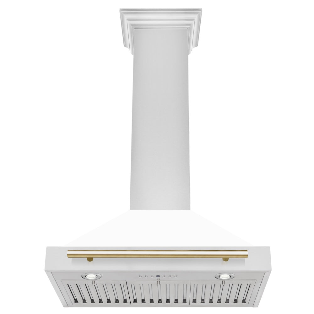 ZLINE Autograph Edition 30 in. Convertible Stainless Steel Range Hood with White Matte Shell and Polished Gold Accents (KB4STZ-WM30-G)