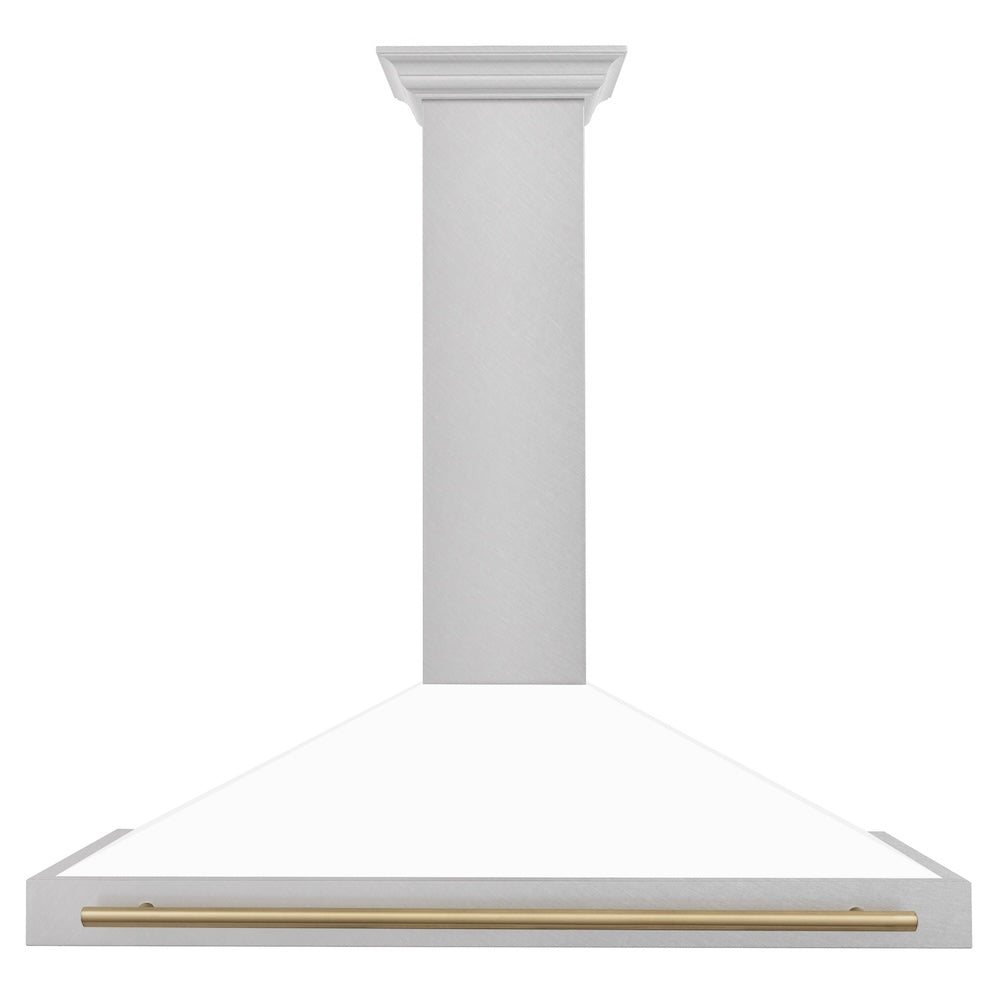 ZLINE Autograph Edition 48 in. Convertible Satin Stainless Steel Wall Mount Range Hood with White Matte Shell and Champagne Bronze Handle (KB4SNZ-WM48-CB)
