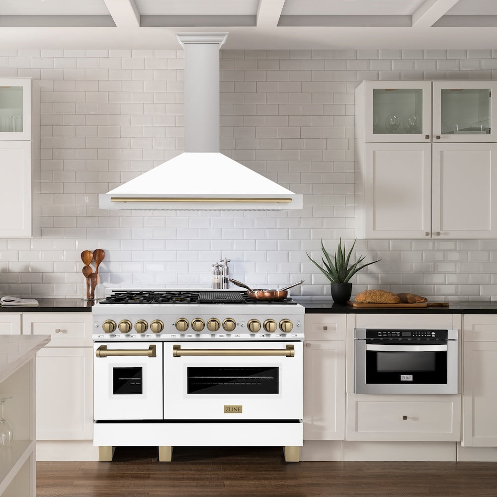 ZLINE Autograph Edition 48 in. Convertible Stainless Steel Range Hood with White Matte Shell and Champagne Bronze Accents (KB4STZ-WM48-CB)
