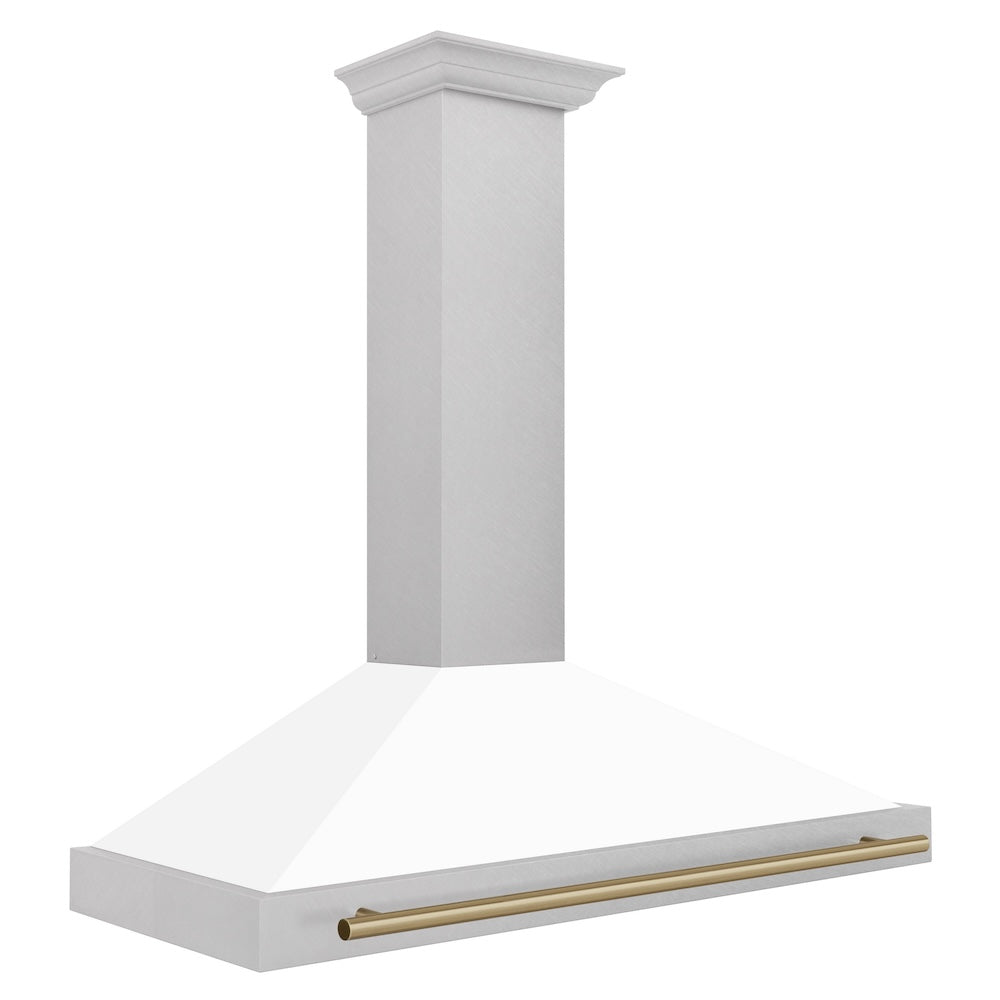 ZLINE Autograph Edition 48 in. Convertible Satin Stainless Steel Wall Mount Range Hood with White Matte Shell and Champagne Bronze Handle (KB4SNZ-WM48-CB)