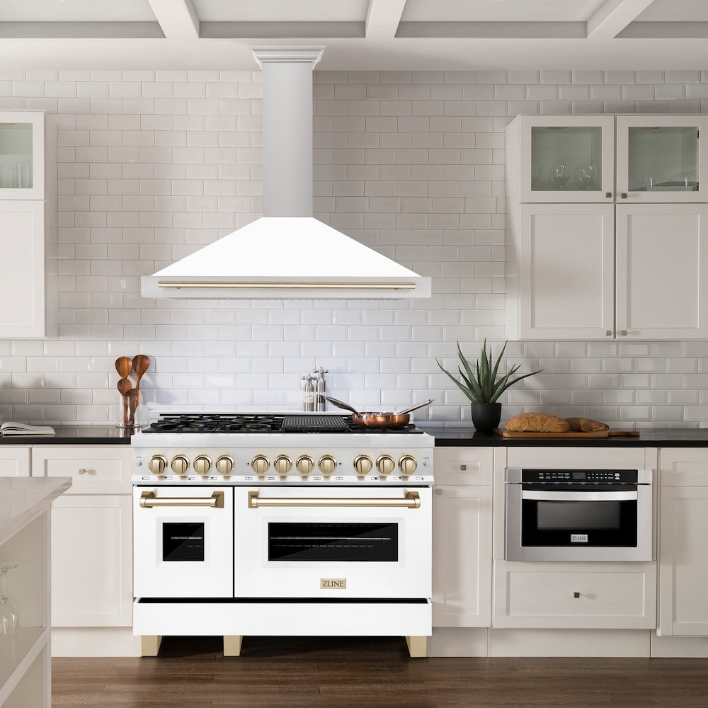 ZLINE Autograph Edition 48 in. Convertible Stainless Steel Range Hood with White Matte Shell and Polished Gold Accents (KB4STZ-WM48-G)