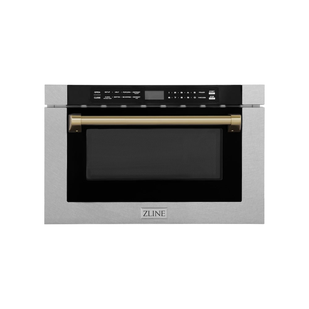 ZLINE Autograph Edition 24 in. 1.2 cu. ft. Built-in Microwave Drawer with a Traditional Handle in Satin Stainless Steel and Champagne Bronze Accents (MWDZ-1-SS-H-CB)