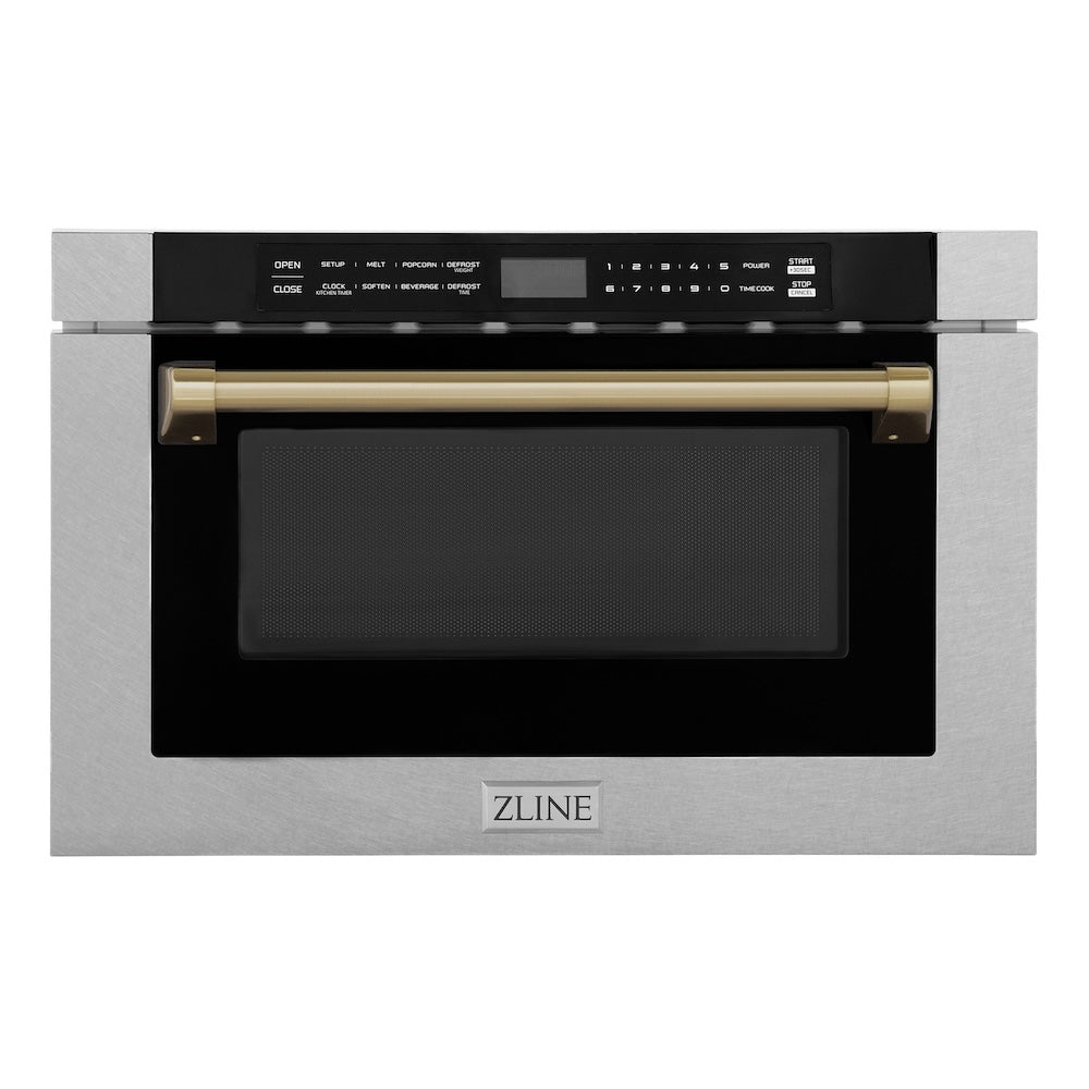 ZLINE Autograph Edition 24 in. 1.2 cu. ft. Built-in Microwave Drawer with a Traditional Handle in Satin Stainless Steel and Champagne Bronze Accents (MWDZ-1-SS-H-CB)
