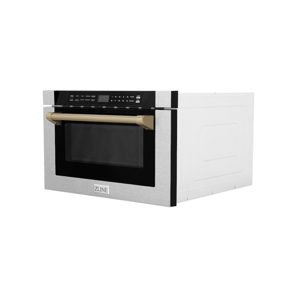 ZLINE Autograph Edition 24 in. 1.2 cu. ft. Built-in Microwave Drawer with a Traditional Handle in Satin Stainless Steel and Champagne Bronze Accents (MWDZ-1-SS-H-CB)