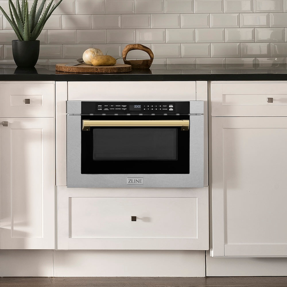 ZLINE Autograph Edition 24 in. 1.2 cu. ft. Built-in Microwave Drawer with a Traditional Handle in Satin Stainless Steel and Polished Gold Accents (MWDZ-1-SS-H-G)