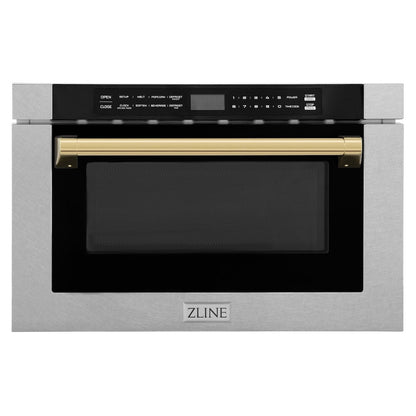 ZLINE Autograph Edition 24 in. 1.2 cu. ft. Built-in Microwave Drawer with a Traditional Handle in Satin Stainless Steel and Polished Gold Accents (MWDZ-1-SS-H-G)