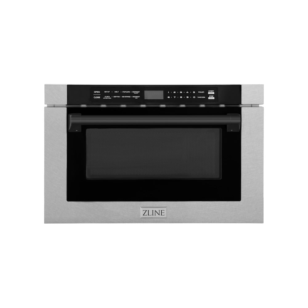 ZLINE Autograph Edition 24 in. 1.2 cu. ft. Built-in Microwave Drawer with a Traditional Handle in Satin Stainless Steel and Matte Black Accents (MWDZ-1-SS-H-MB)