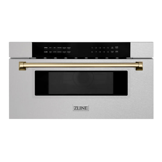 ZLINE Autograph Edition 30 in. 1.2 cu. ft. Built-In Microwave Drawer in Satin Stainless Steel with Champagne Bronze Accents (MWDZ-30-SS-CB)