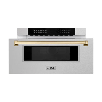 ZLINE Autograph Edition 30 in. 1.2 cu. ft. Built-In Microwave Drawer in Satin Stainless Steel with Polished Gold Accents (MWDZ-30-SS-G)