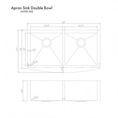 ZLINE 36 in. Niseko Farmhouse Apron Mount Double Bowl Satin Stainless Steel Kitchen Sink with Bottom Grid (SA50D-36S)