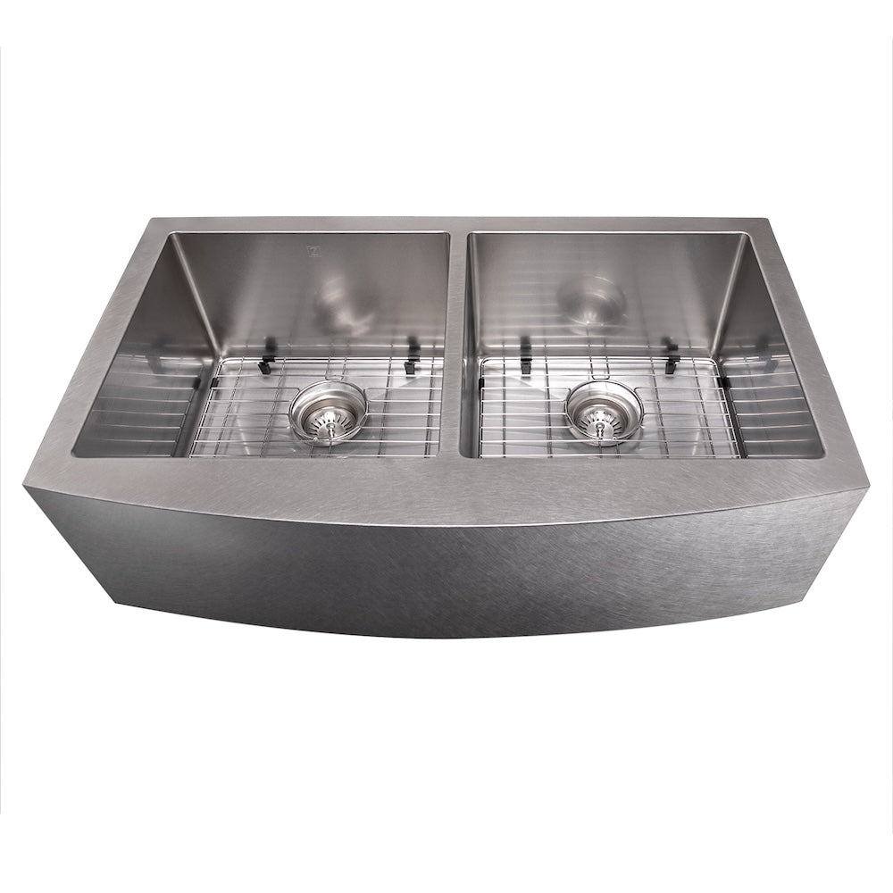 ZLINE 36 in. Niseko Farmhouse Apron Mount Double Bowl Satin Stainless Steel Kitchen Sink with Bottom Grid (SA50D-36S)