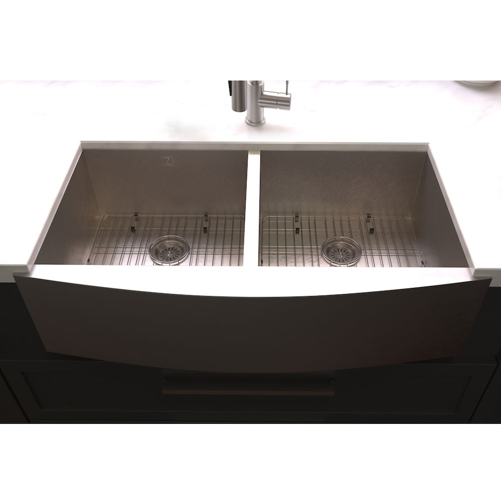 ZLINE 36 in. Niseko Farmhouse Apron Mount Double Bowl Satin Stainless Steel Kitchen Sink with Bottom Grid (SA50D-36S)
