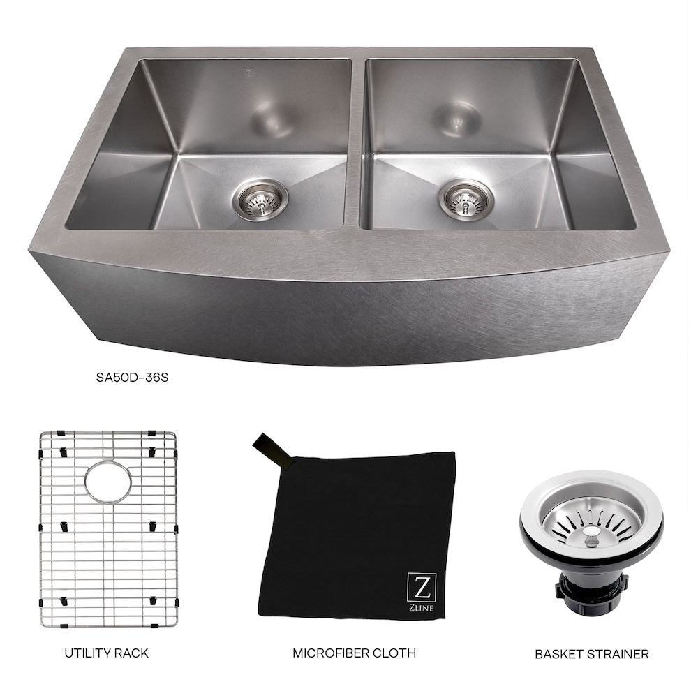 ZLINE 36 in. Niseko Farmhouse Apron Mount Double Bowl Satin Stainless Steel Kitchen Sink with Bottom Grid (SA50D-36S)