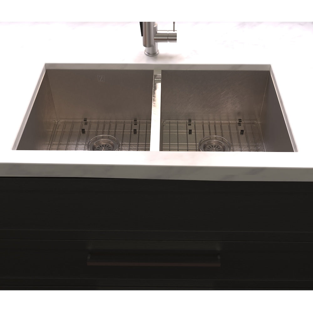ZLINE 33 in. Anton Undermount Double Bowl Satin Stainless Steel Kitchen Sink with Bottom Grid (SR50D-33S)