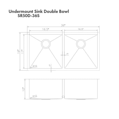 ZLINE 36 in. Anton Undermount Double Bowl Satin Stainless Steel Kitchen Sink with Bottom Grid (SR50D-36S)