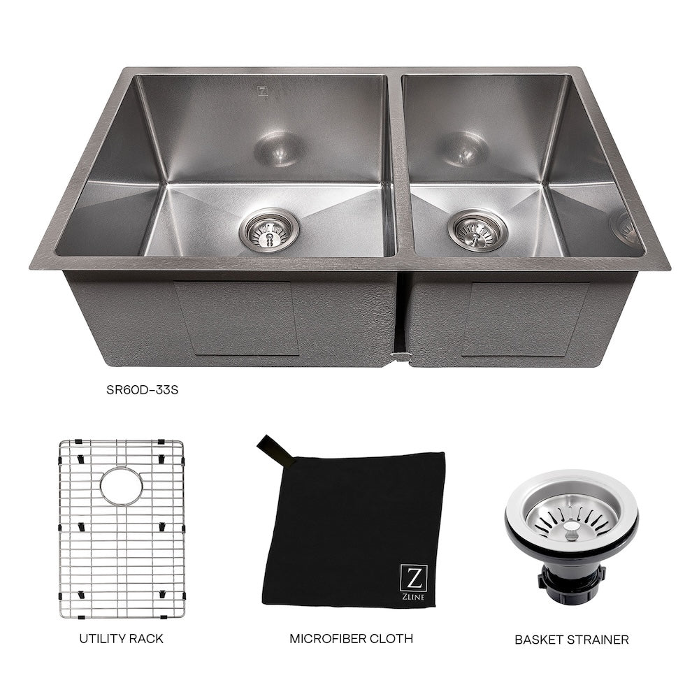 ZLINE 33 in. Chamonix Undermount Double Bowl Satin Stainless Steel Kitchen Sink with Bottom Grid (SR60D-33S)