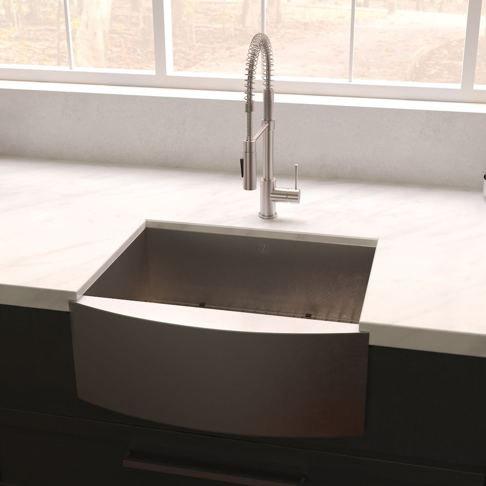 ZLINE 33 in. Vail Farmhouse Apron Mount Single Bowl Satin Stainless Steel Kitchen Sink with Bottom Grid (SAS-33S)