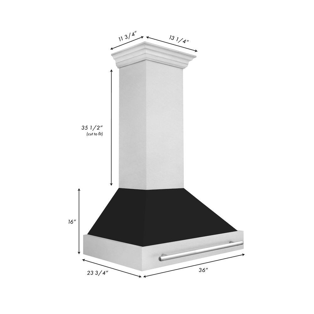 ZLINE 36 in. Satin Stainless Steel Wall Mount Range Hood with Black Matte Shell and Stainless Steel Handle (8654SNX-BLM-36)