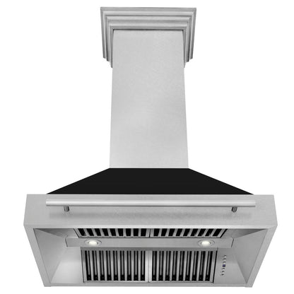 ZLINE 36 in. Satin Stainless Steel Wall Mount Range Hood with Black Matte Shell and Stainless Steel Handle (8654SNX-BLM-36)