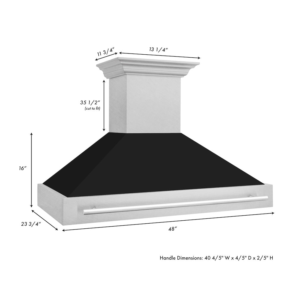 ZLINE 48 in. Satin Stainless Steel Wall Mount Range Hood with Black Matte Shell and Stainless Steel Handle (8654SNX-BLM-48)