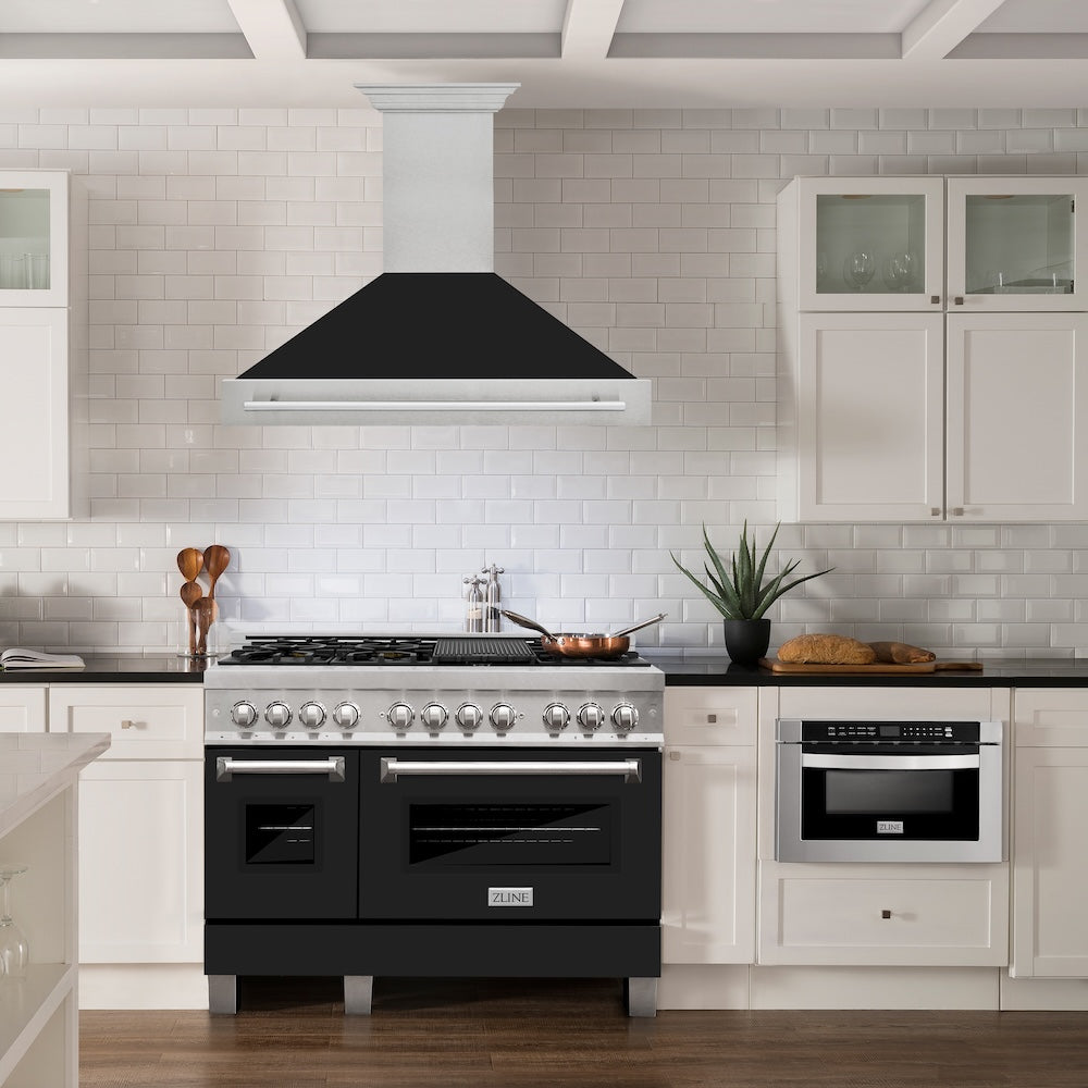 ZLINE 48 in. Satin Stainless Steel Wall Mount Range Hood with Black Matte Shell and Stainless Steel Handle (8654SNX-BLM-48)