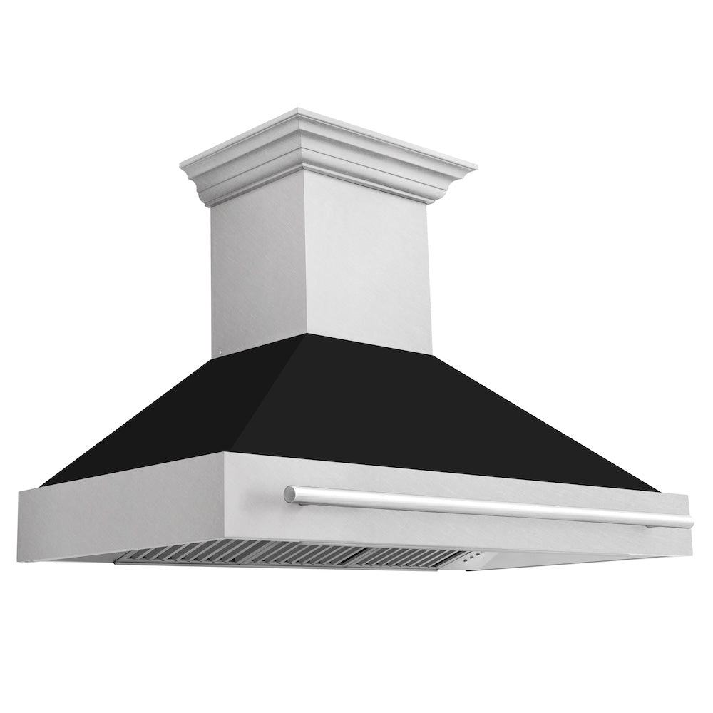 ZLINE 48 in. Satin Stainless Steel Wall Mount Range Hood with Black Matte Shell and Stainless Steel Handle (8654SNX-BLM-48)