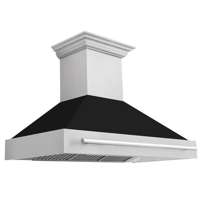 ZLINE 48 in. Satin Stainless Steel Wall Mount Range Hood with Black Matte Shell and Stainless Steel Handle (8654SNX-BLM-48)