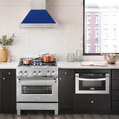 ZLINE 30 in. Satin Stainless Steel Wall Mount Range Hood with Blue Gloss Shell and Stainless Steel Handle (8654SNX-BG30)