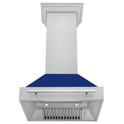 ZLINE 30 in. Satin Stainless Steel Wall Mount Range Hood with Blue Gloss Shell and Stainless Steel Handle (8654SNX-BG30)
