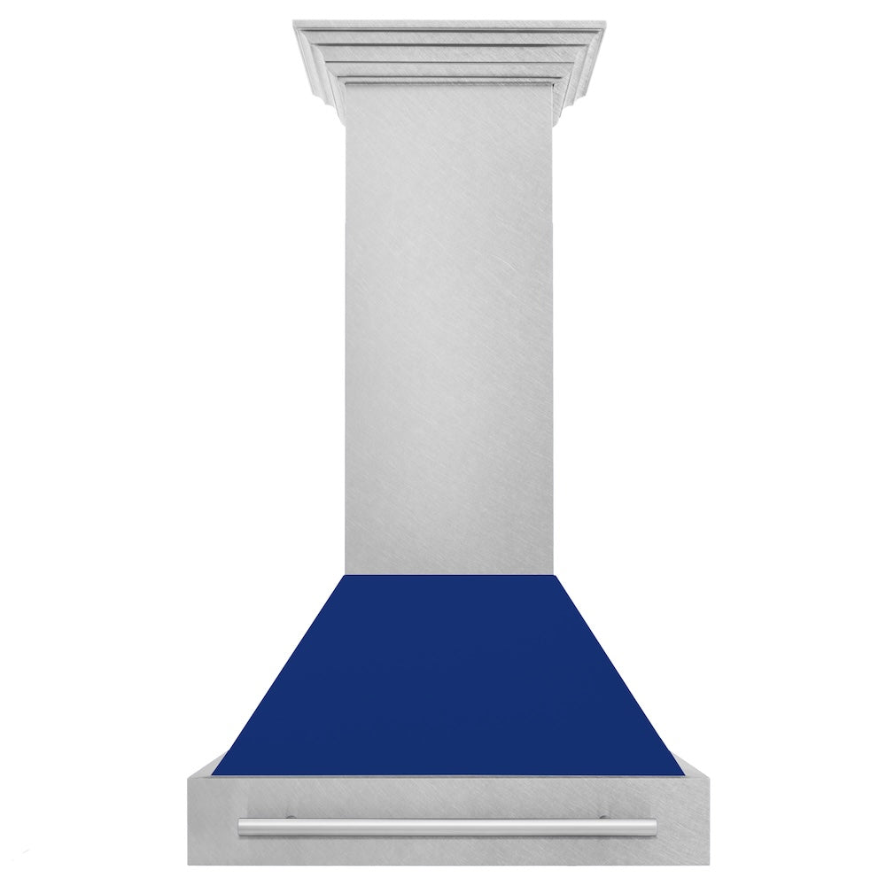 ZLINE 30 in. Satin Stainless Steel Wall Mount Range Hood with Blue Gloss Shell and Stainless Steel Handle (8654SNX-BG30)